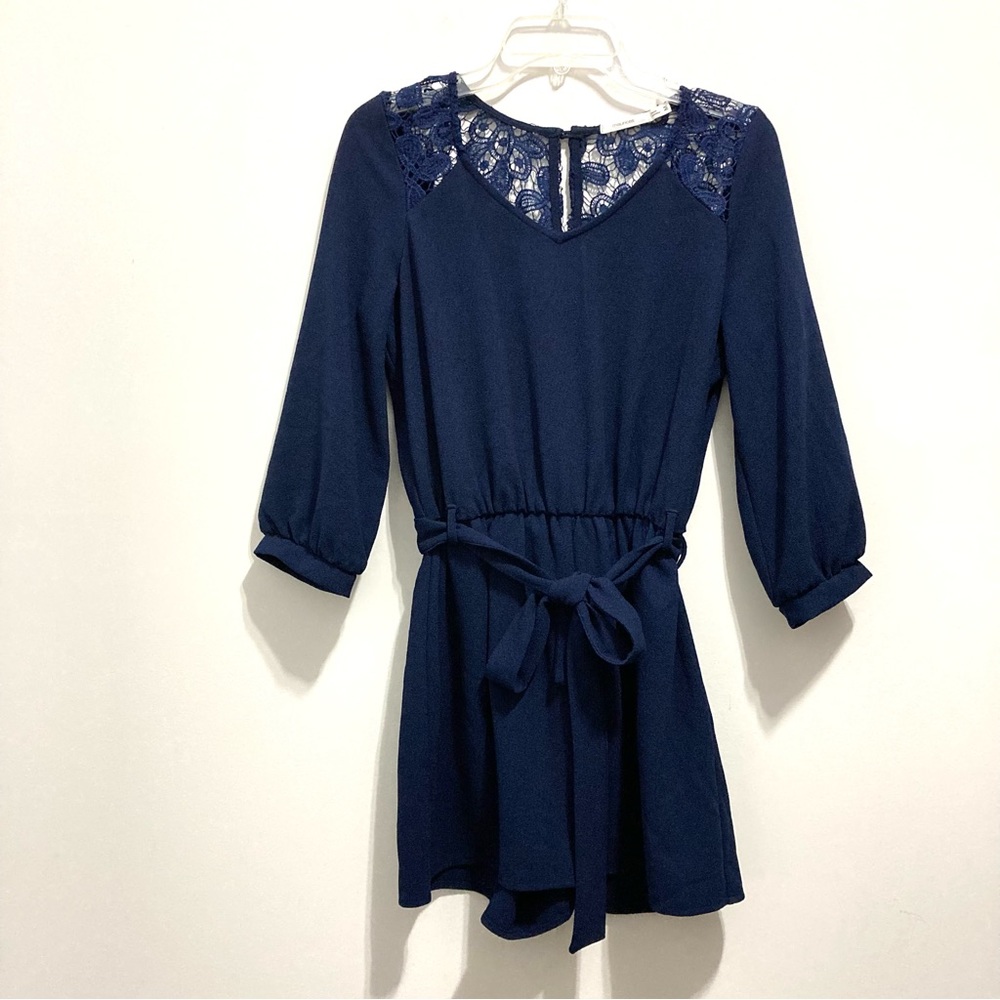 Maurices Navy Blue Romper Jumpsuit Romper Floral Lace Crochet Embroidered Knit